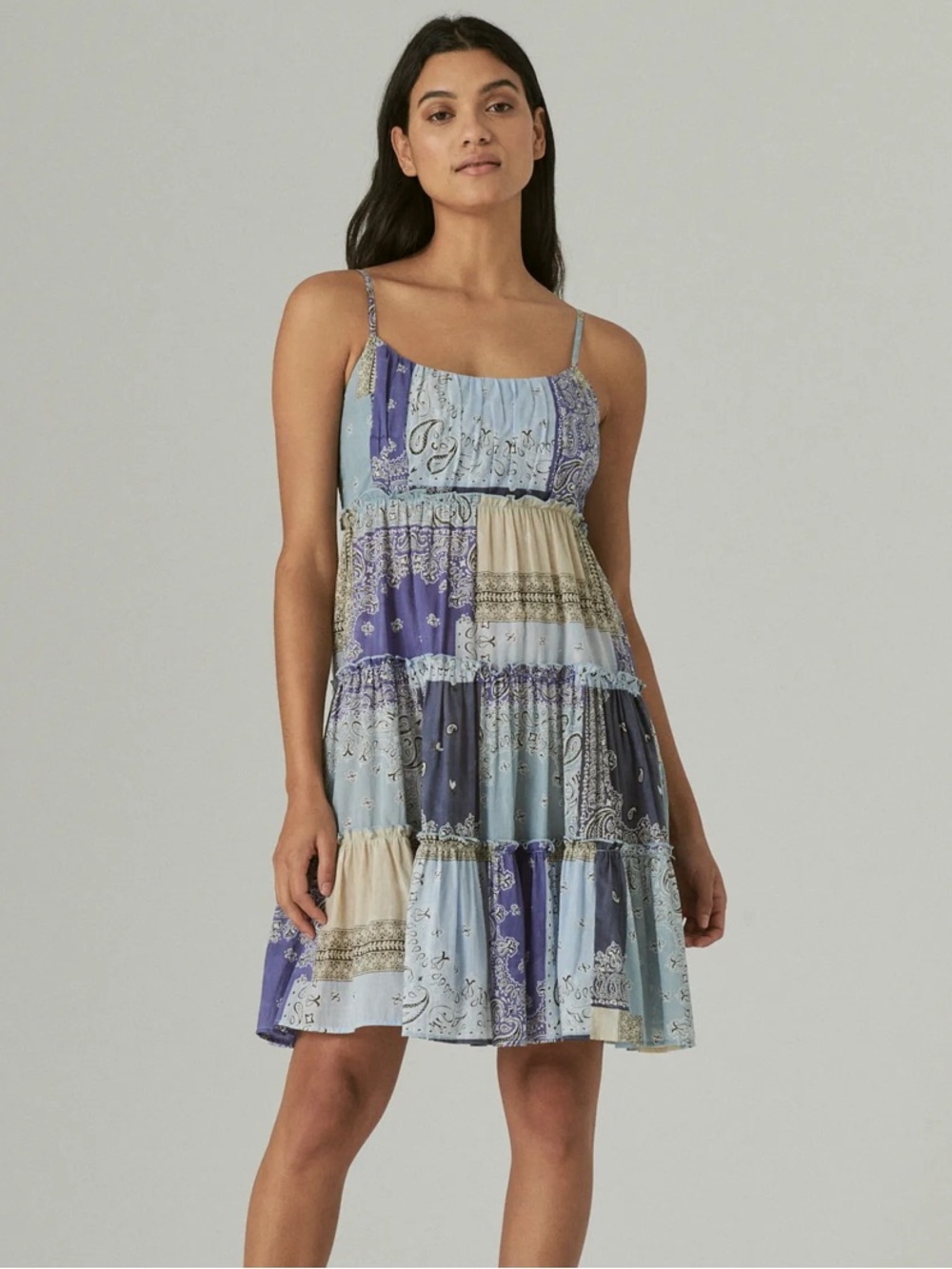 NWOT Lucky Brand Indigo Multi Paisley Patchwork Tiered Mini Dress Boho Cottage